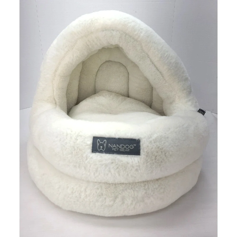 NANDOG Pet Gear Off White Plush Hooded Cat/Small Dog Cave Bed Removable Cushion